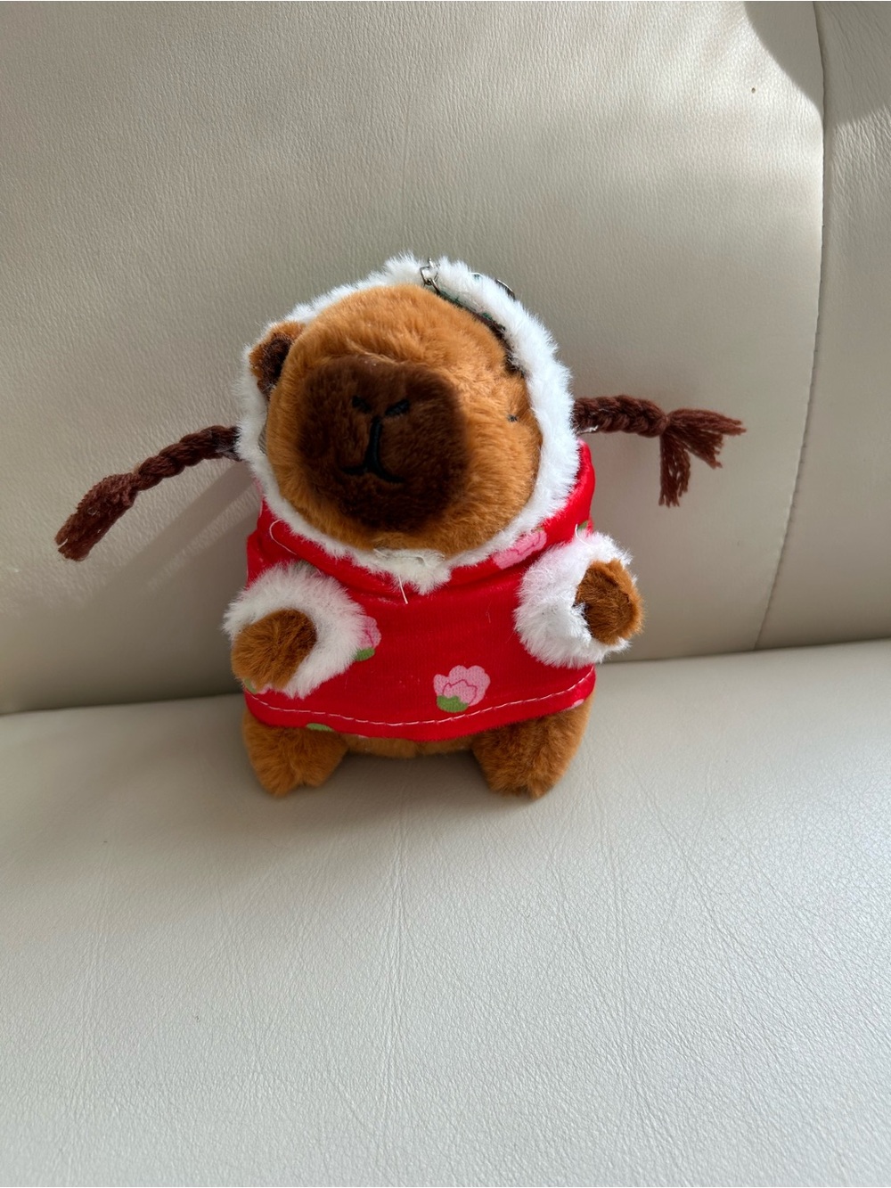 Plush Small Pet Toy in Brown with Red Coat